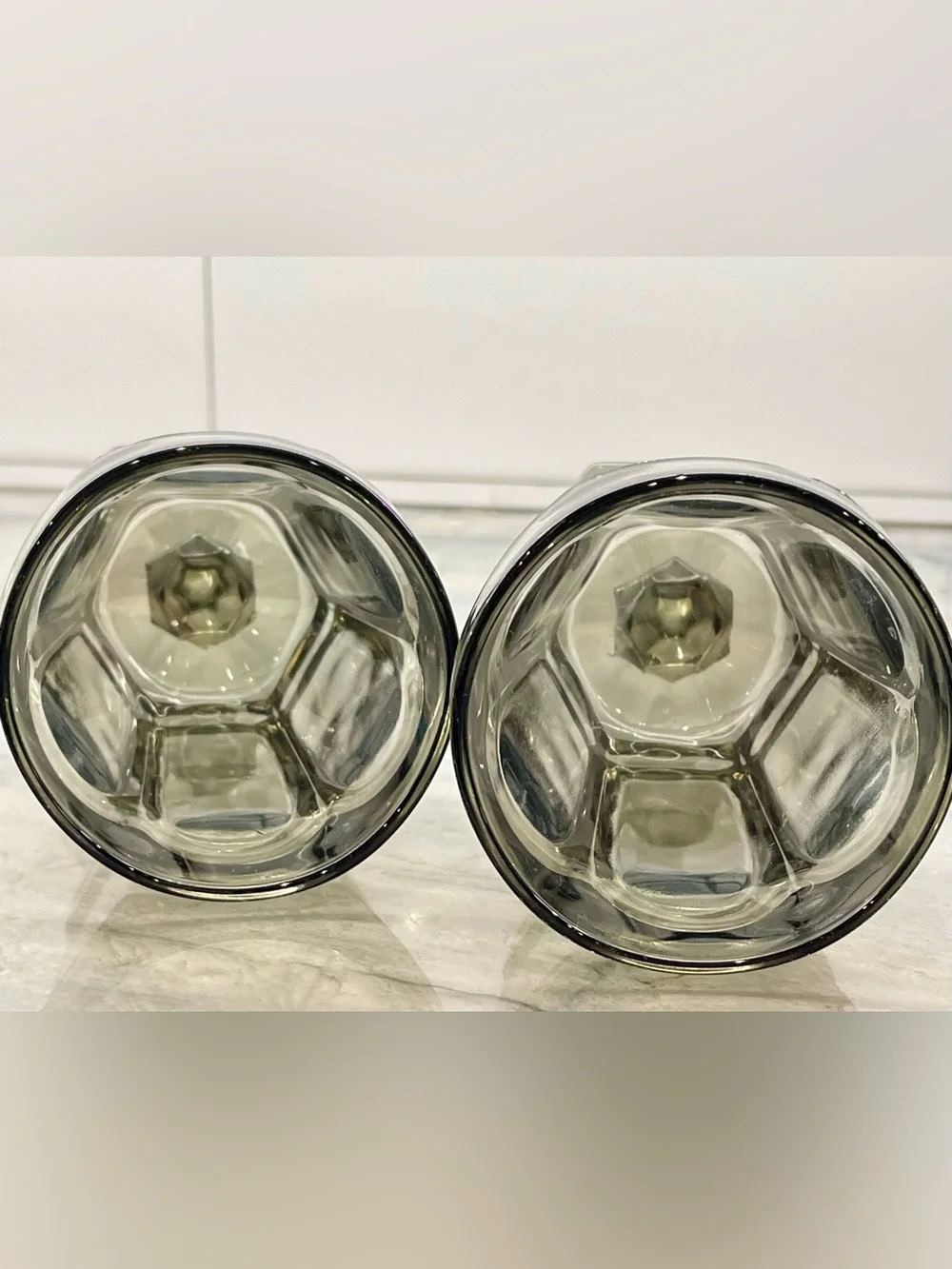 Pair of Vintage FOSTORIA Virginia Brown Smoke Glass Iced Tea Goblets – Hex Base